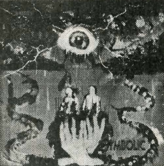 Record cover of a floating eyeball and skeleton hands holding two bodies up.